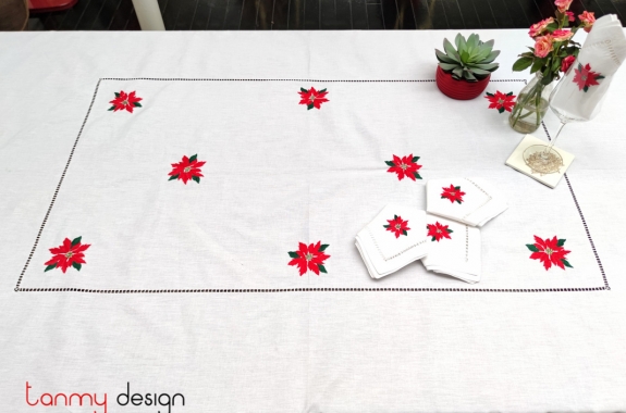 Khăn trải bàn chữ nhật Noel (300x180 cm) gồm 12 khăn ăn - thêu hoa đỏ